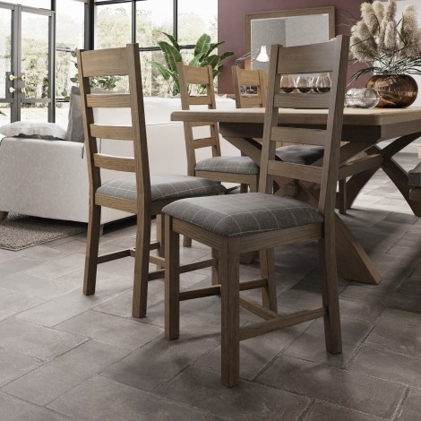 Pair Of - Hoxley - Smoked Oak - Slatted Dining Chairs - Check Grey Fabric Seat