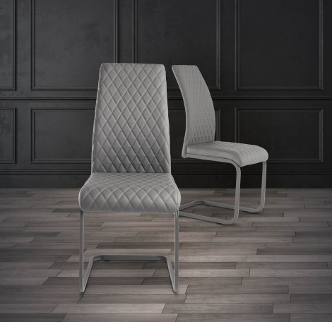 Pair Of - Hudson Dining Chair - Grey PU- Cross-Stitch Design - Grey Powder Coated Cantilever Base