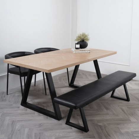 Hyde - Large Natural Light Wood 8 Seater Herringbone Top Dining Table - Black Metal Legs