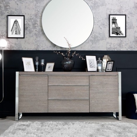 Idah - Contemporary - Silver Oak Top - Large - 2 Door 3 Drawer Sideboard - Chrome Legs