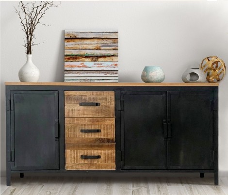 Induse - Industrial Style - Mango Wood - Brown - 3 Door 3 Drawer - Large Sideboard - Black Metal Frame