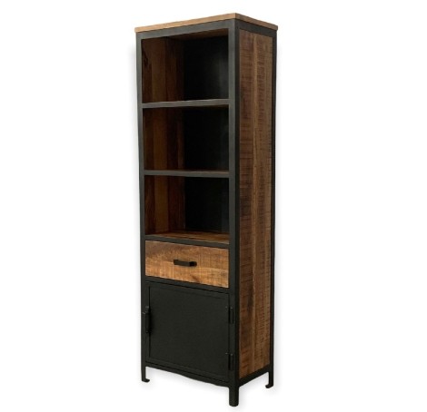 Induse - Industrial Style - Mango Wood - Brown - 1 Door 1 Drawer - Large Bookcase - Black Metal Frame