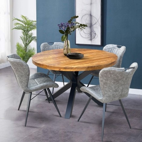 Industrial - Mango Wood - Brown - Round - 150cm/Six Seater - Dining Table & 6 Mala - Upholstered - Grey Fabric - Dining Chair - Black Metal Leg