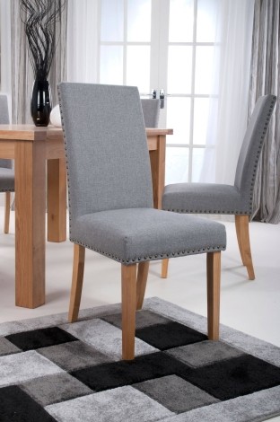 Randall - 2x Silver Grey Dining Chairs Linen Effect Fabric Stud Detail Natural Legs