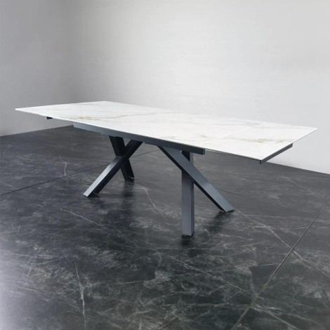 Carbon - White 'Kass Gold' - 180cm-280cm - Side Extending Ceramic Sintered Stone Dining Table - Grey Powder-coated Base