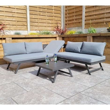 Kimmie - Outdoor - Grey - Corner Sofa with Adjustable Head Rest and Coffee Table - Powder Coated Aluminium