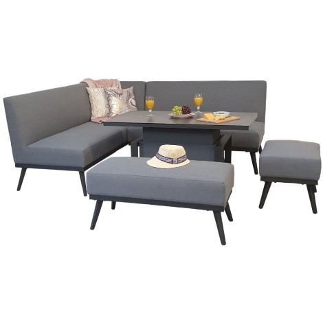 Kimmie - Outdoor - Grey - Corner Sofa with Gas Lift Dining Table and 2 Ottoman Stools - Powder Coated Aluminium