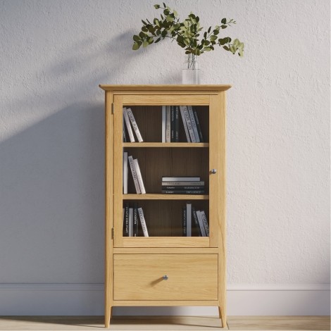 Saxon Oak- 1 Door 1 Drawer Glazed Bookcase - Clean Lacquer Finish