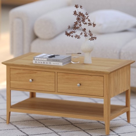 Saxon Oak - 2 Drawer Coffee Table with Shelf - Clean Lacquer Finish