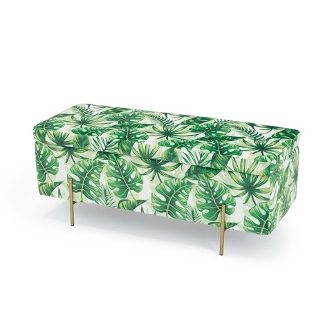 Lola - Tropical Palm Print Upholstered Ottoman / Bench / Storage Unit - Gold Metalic Legs