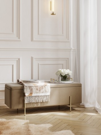 Lola - Beige Velvet Upholstery - Ottoman Storage Bench - Sleek Gold Legs