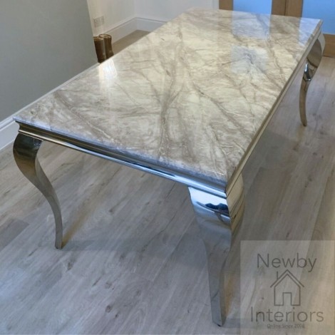 Louis Rectangular Dining Table – 160cm Grey Marble Top – Chrome Metal Legs