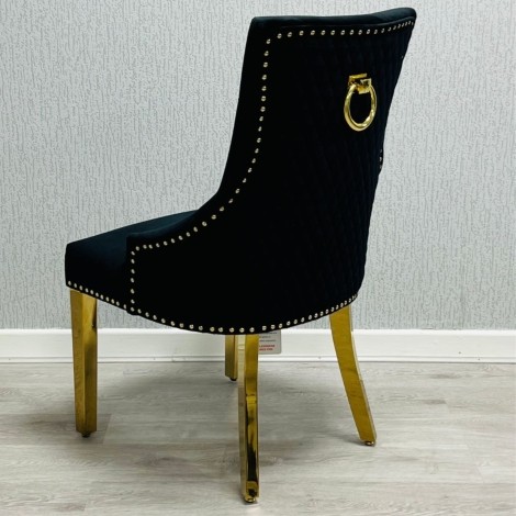 Pair Of -  Majestic -  Gold Round Door Knocker - Quilted Back - Black Velvet - Dining Chairs With Gold Legs 