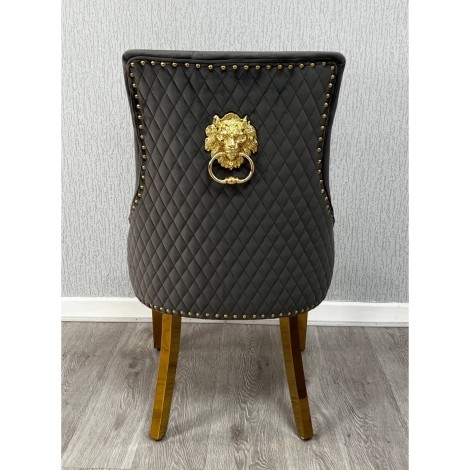 Pair Of - Majestic - Gold Lion Door Knocker - Quilted Back - Grey Velvet - Dining Chairs With Gold Legs