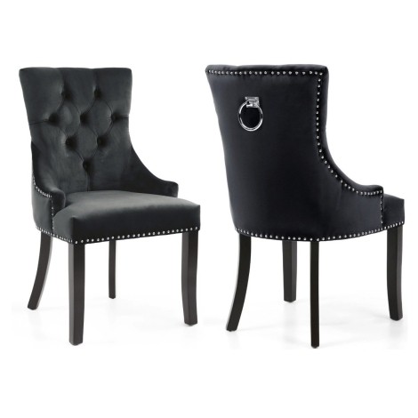 Pair Of - Mayfair - Black Velvet - Dark Wooden Legs - Round Knocker Back - Dining Chairs