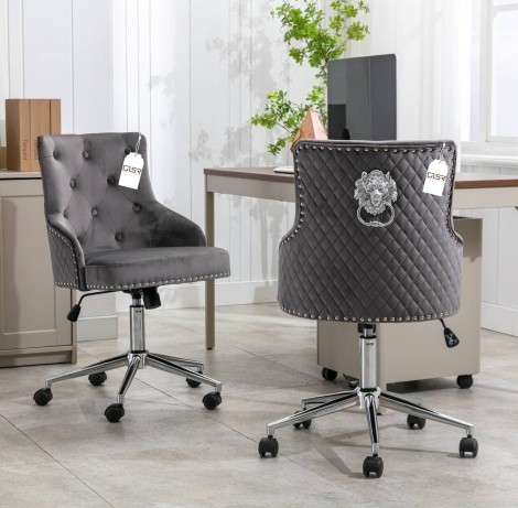 Majestic -  Lion head Knocker - Quilted Back - Grey Velvet - Gas Lift Office Chairs