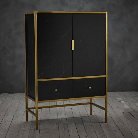 Monaco - Black Faux Marble 2 Door Drinks Cabinet - Gold Metal Framed