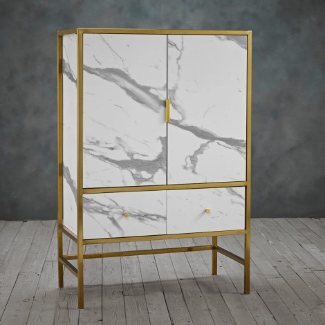 Monaco - White Faux Marble 2 Door Drinks Cabinet - Gold Metal Framed