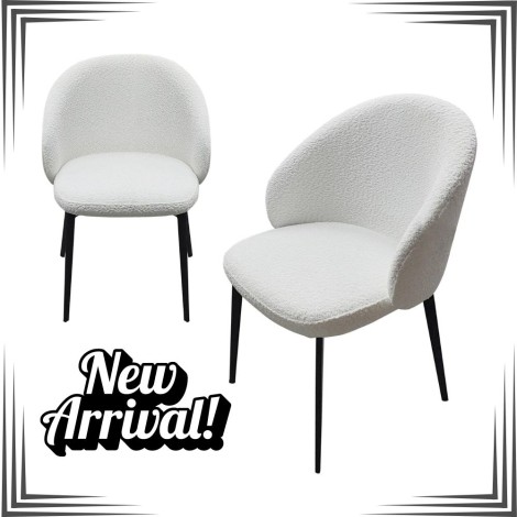 Lassaro - White Boucle Fabric Dining Chairs - Matt Black Metal Legs - PAIR