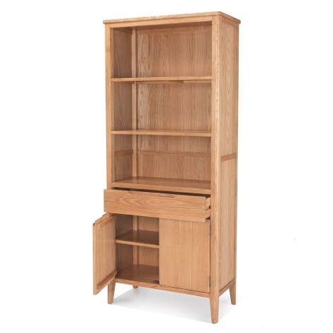 Ottawa - Solid Oak 2 Door 1 Drawer Tall Bookcase - Wax Finish