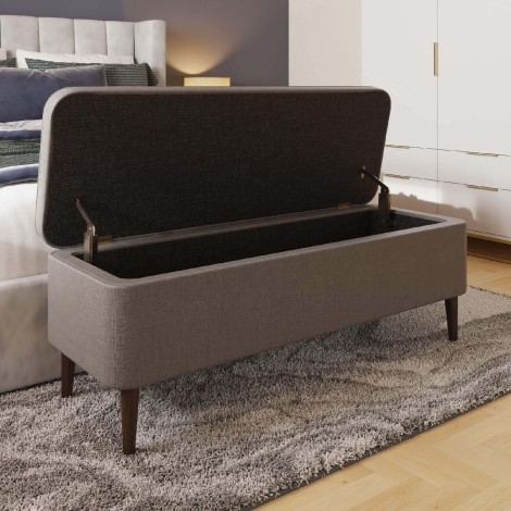 Grey Linen Ottoman Storage Bench With Solid Wooden Legs