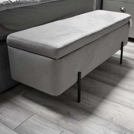 Grey Velvet Ottoman Storage Bench With Black Metal Legs