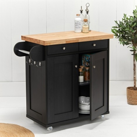 Portland - Natural Wood Top -  Kitchen Island - 2 Doors and 2 Drawers - Black Finish