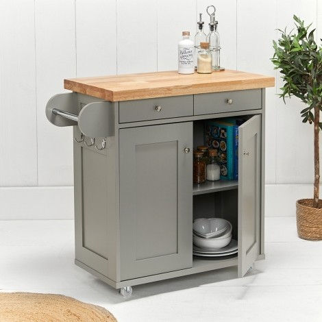 Portland - Natural Wood Top -  Kitchen Island - 2 Doors and 2 Drawers - Grey Finish