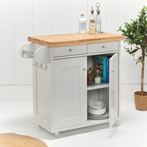 Portland - Natural Wood Top -  Kitchen Island - 2 Doors and 2 Drawers - White Finish