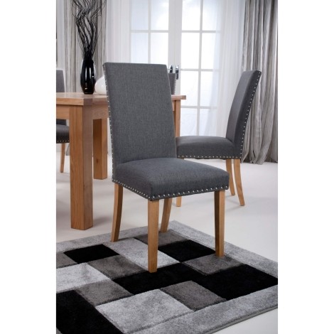 Pair Of - Randall - Steel Grey - Linen Effect Fabric - Stud Detail - Natural Legs - Dining Chairs