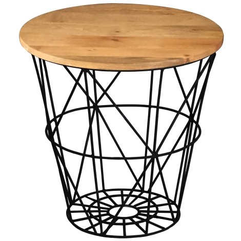 Ravi - Light Finish - Mango Wood - Industrial - Round - Side Table / Lamp Table / End Table - Metal Base