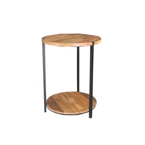 Ravi - Light Finish - Mango Wood - Industrial - Round - 46cm - Side Table / Lamp Table / End Table - Metal Legs - With Shelf