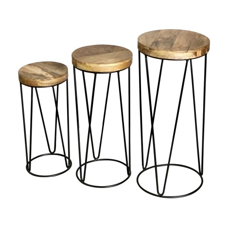 Ravi - Light Finish - Mango Wood - Industrial - Round Top - Side Table / Lamp Table / End Table - Metal Base - Set of 3