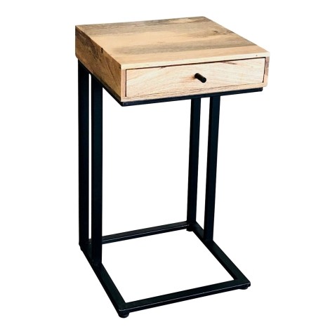 Ravi - Mango Wood - Large - 1 Drawer - Side Table / Lamp Table / End Table - Metal Base