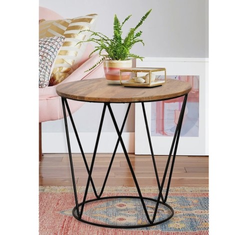 Ravi - Mango Wood - Large - Round Top - Side Table / Lamp Table / End Table - Metal Base