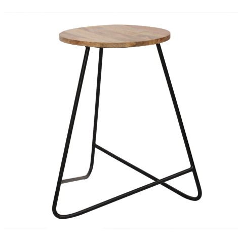 Ravi - Brown - Mango Wood - Industrial - Single - Round Top - Bar Stool - B;ack Metal Base