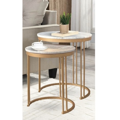 Ravi - Round - Marble Top - Nest of 2 Tables - Iron Legs