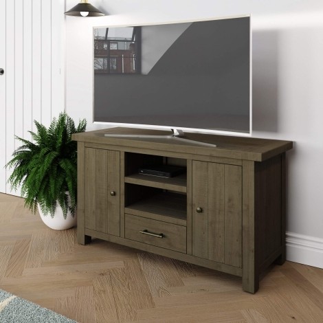 Saltash Large TV Unit 2 Door 1 Drawer – Solid Reclaimed Natural Pine