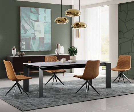 Argento Grey Matt Ceramic 160cm to 220cm/1.6m to 2.2m Extending Dining Table and 4 Brown PU Leather Upholstered Dining Chair - Black Legs