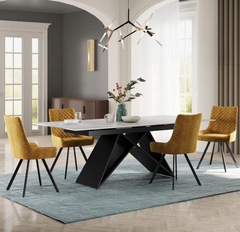 Argento Grey Matt Ceramic 160 to 200cm/1.6m to 2.0m Extending Dining Table and 4 Mustard Velvet Fabric Upholstered Dining Chair - Black Legs