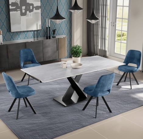 Argento Grey Matt Ceramic 140 to 180cm/1.4m to 1.8m Extending Dining Table and 4 Blue Velvet Fabric Upholstered Dining Chair