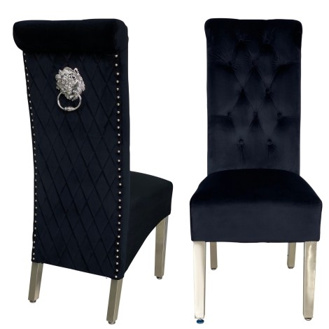 Pair Of -  Sophie - Lion head Knocker - Quilted Roll Back - Jet Black Velvet - Dining Chairs With Chrome Legs 