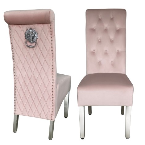 Pair Of -  Sophie - Lion head Knocker - Quilted Roll Back - Pink Velvet Dining Chairs With Chrome Legs 