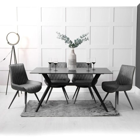 Rectangular - 1.5m/150cm - Grey Sintered Stone Top - Dining Table & 4 Upholstered - Honey Comb Stitch Design - Grey PU - Dining Chair