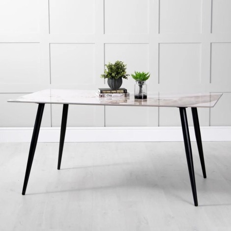 Rectangular - 1.6m/160cm - White Sintered Stone Patterned Top - Dining Table - Black Base