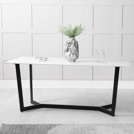 Rectangular - 1.8m/180cm - White Sintered Stone Top - Dining Table - Black Base