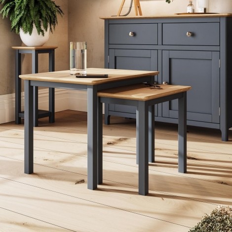 Taberno Solid Oak Nest Of 2 Tables Graphite Blue