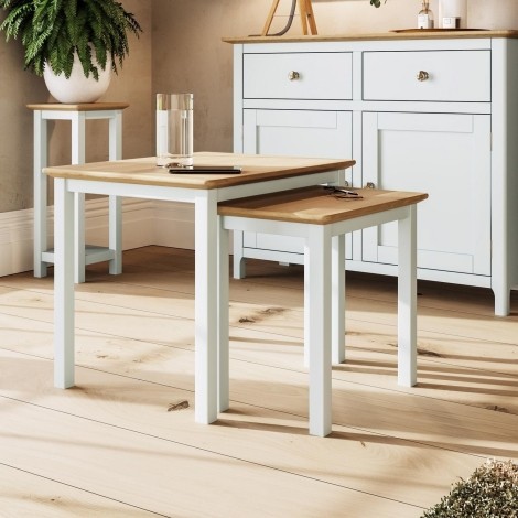 Taberno Solid Oak Nest Of 2 Tables Cream Linen