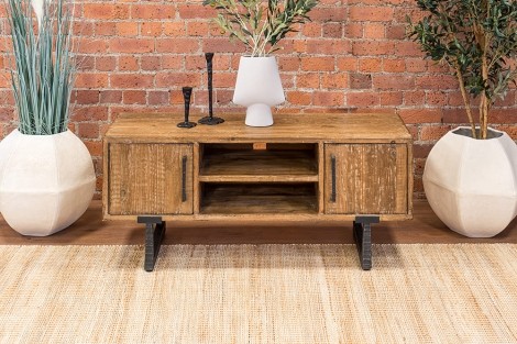 Bolton Reclaimed Pine - 2 Door - Large TV Unit - Hand-Hammered Iron Legs