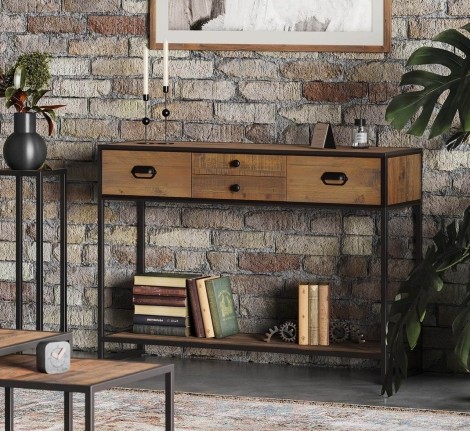 Ooki - Large - Reclaimed - 4 Drawer & 1 Lower Shelf - Console Table - Laquer Finish - Steel Frame